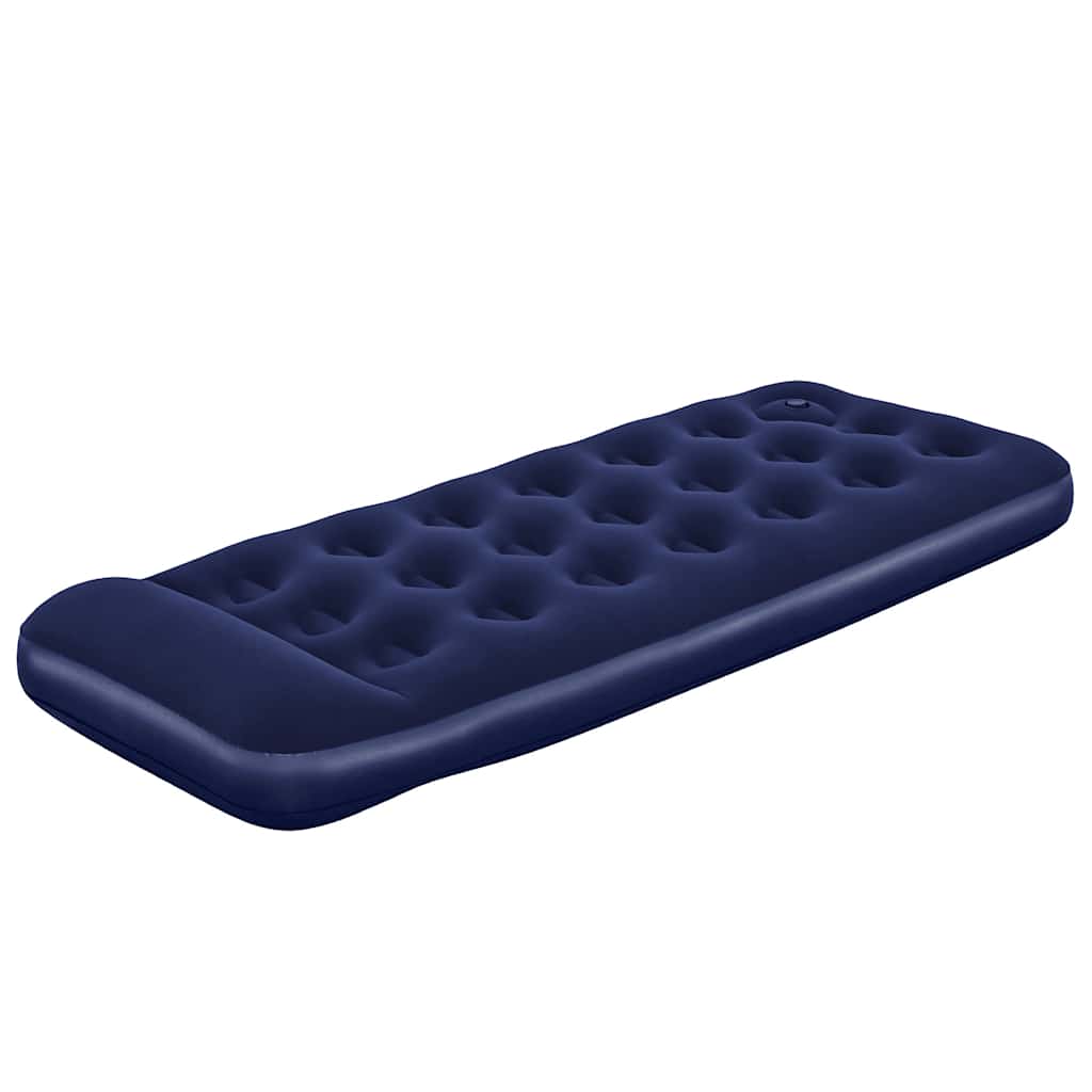 Detail van het Bestway luchtbed in donkerblauw, met comfortabele opdruk en ingebouwde voetpomp.
