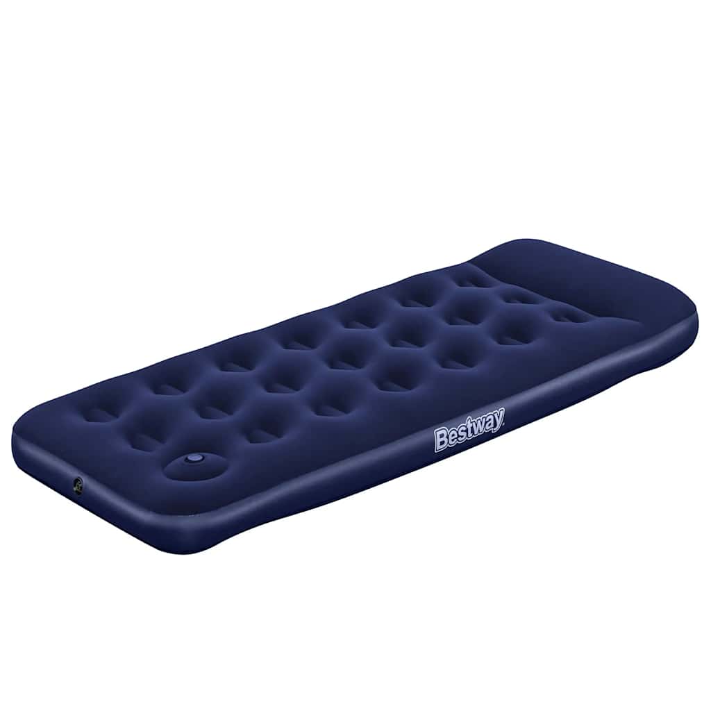 Detail van het Bestway luchtbed in donkerblauw met geïntegreerde voetpomp.