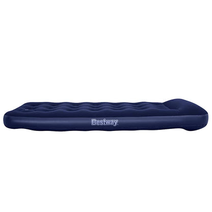 Zijaanzicht van het Bestway luchtbed met ingebouwde voetpomp in donkerblauw.