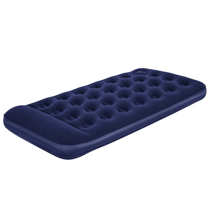 Detail van het Bestway luchtbed met ingebouwde voetpomp in donkerblauw, zijaanzicht.