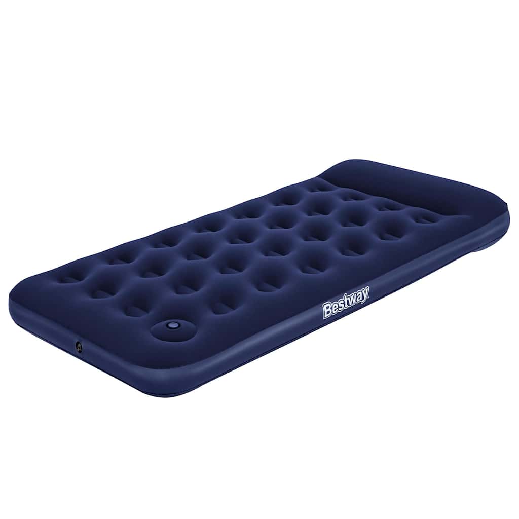 Detail van het Bestway luchtbed met ingebouwde voetpomp, zijaanzicht in donkerblauw.