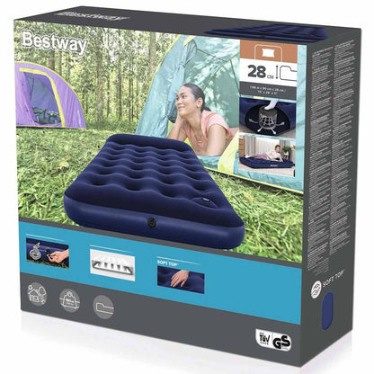 Detail van de verpakking van het Bestway luchtbed met informatie over de hoogte van 28 cm.