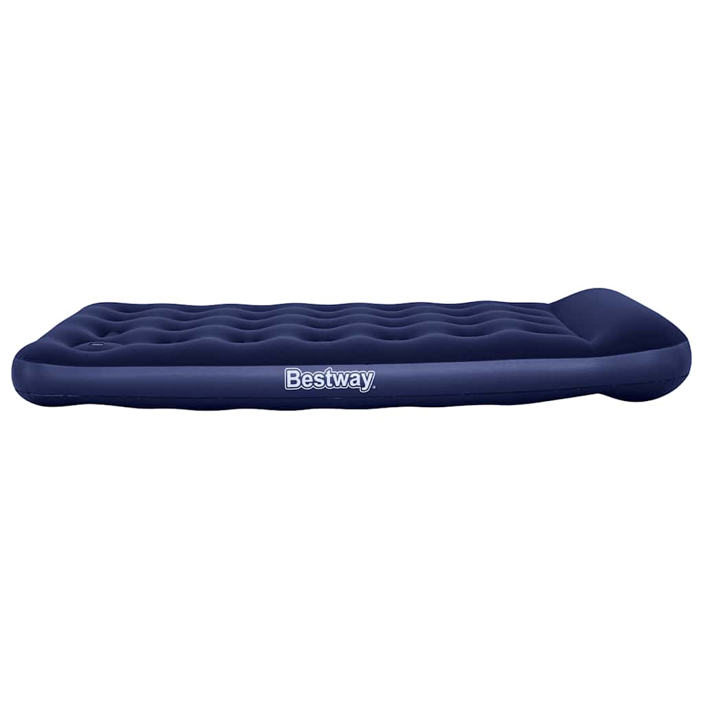Zijaanzicht van het Bestway luchtbed met ingebouwde voetpomp in donkerblauw.