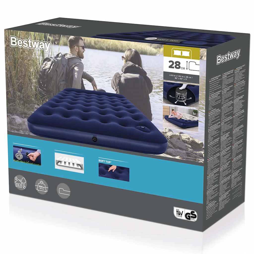 Detail van het Bestway luchtbed met ingebouwde voetpomp, zijaanzicht met textuur en hoogte van 28 cm.
