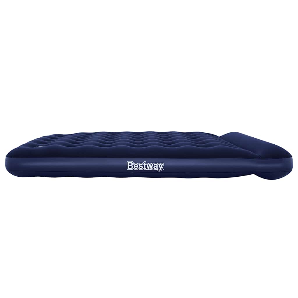 Zijaanzicht van het Bestway luchtbed met ingebouwde voetpomp in donkerblauw.