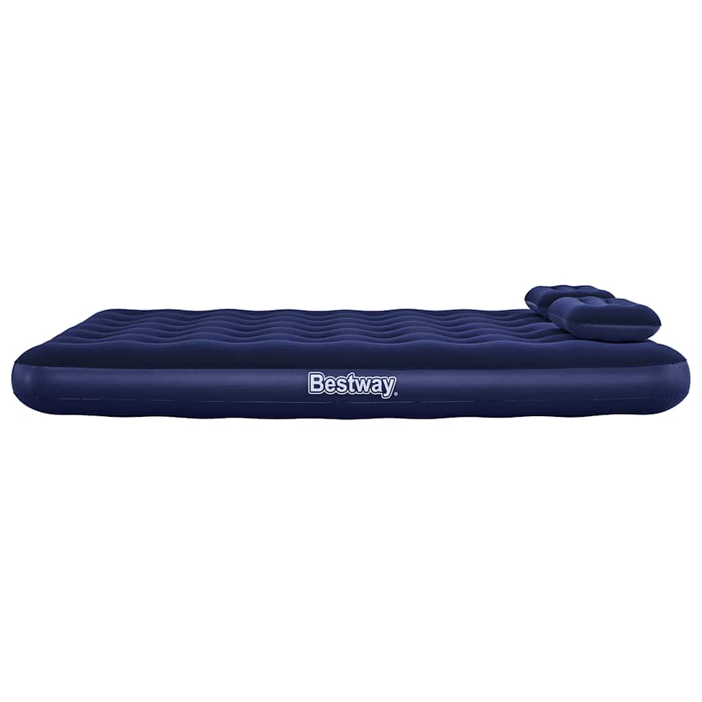 Zijaanzicht van het Bestway luchtbed met kussen in donkerblauw, comfortabel en opblaasbaar.