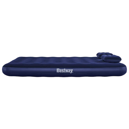 Zijaanzicht van het Bestway luchtbed met kussen in donkerblauw, comfortabel en opblaasbaar.