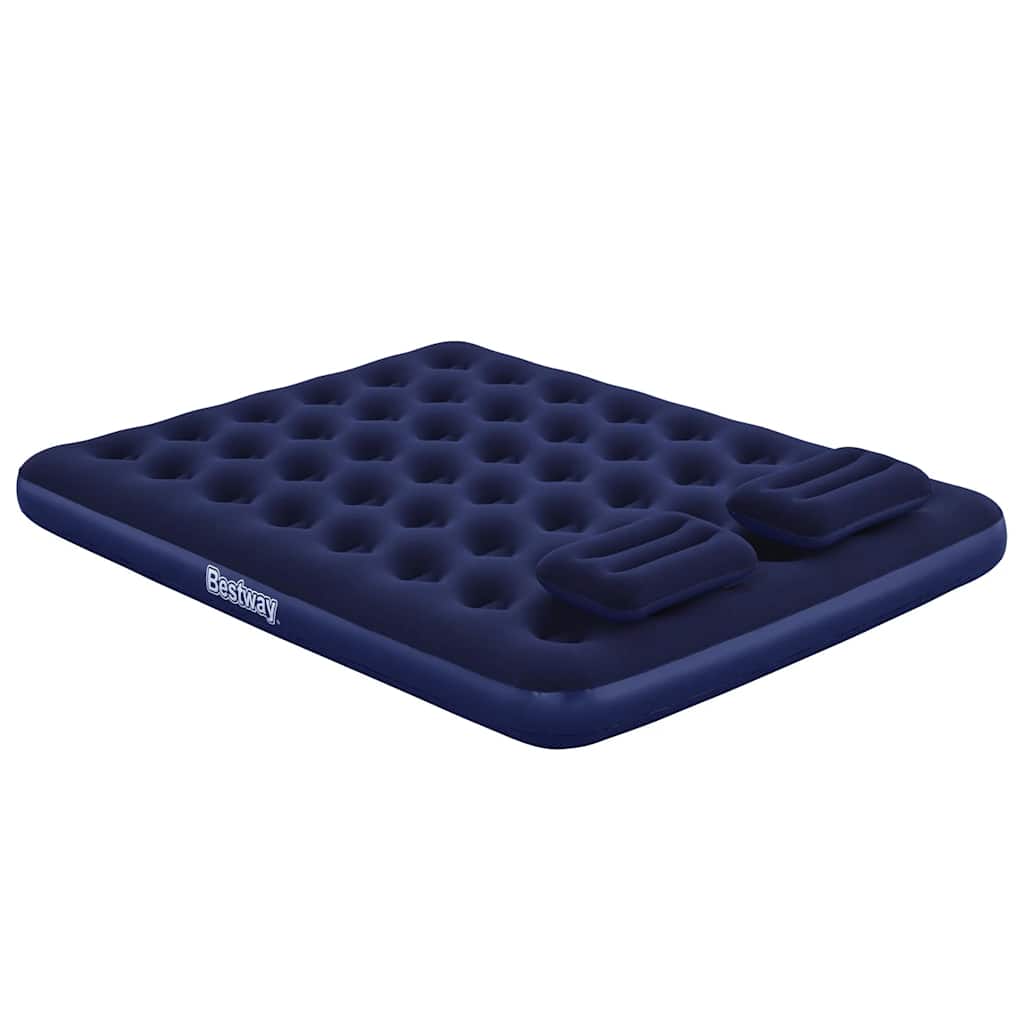 Detail van het Bestway luchtbed in donkerblauw met twee geïntegreerde kussens.