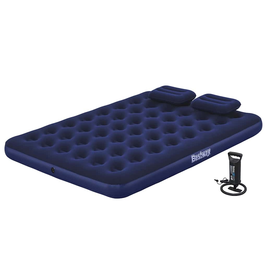 Detail van het Bestway luchtbed met kussens en pomp, in donkerblauw, zijaanzicht.