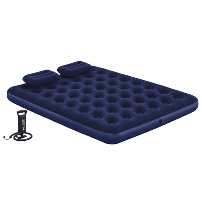 Detail van het Bestway luchtbed met kussens en bijbehorende pomp, zijaanzicht.