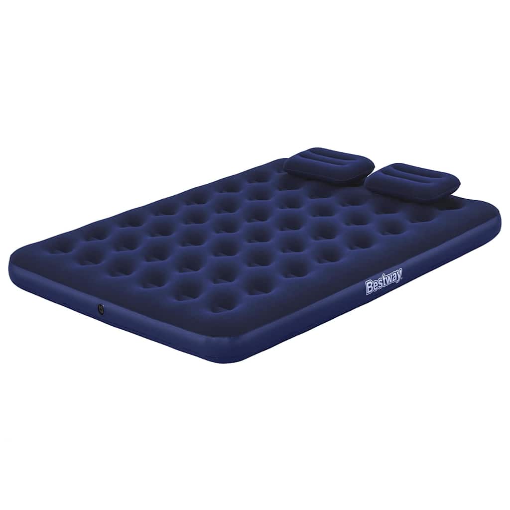 Donkerblauw Bestway luchtbed met twee kussens, zijaanzicht van de bovenkant.
