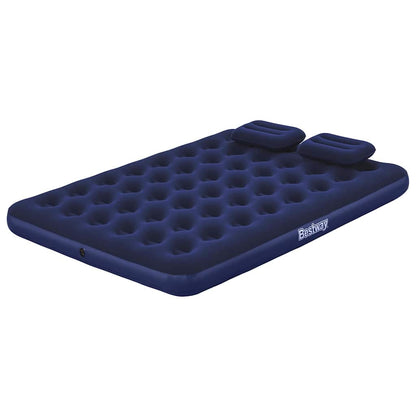 Donkerblauw Bestway luchtbed met twee kussens, zijaanzicht van de bovenkant.