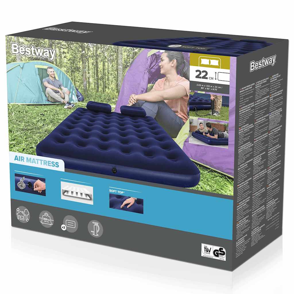 Detail van de verpakking van het Bestway luchtbed met kussen en pomp.