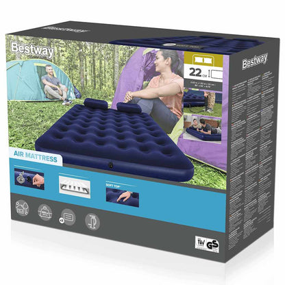 Detail van de verpakking van het Bestway luchtbed met kussen en pomp.