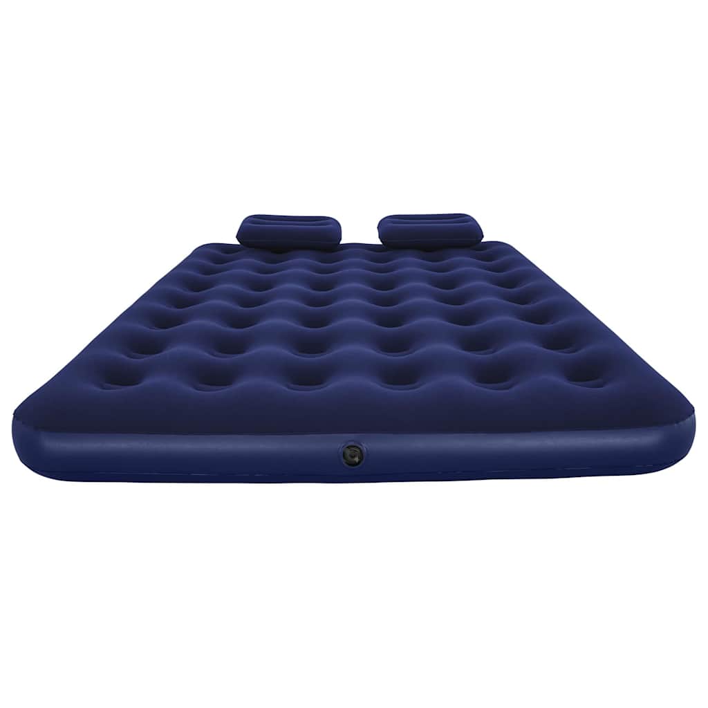 Detail van het Bestway luchtbed in donkerblauw met twee kussens en een gladde bovenkant.