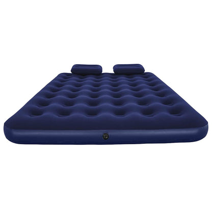 Detail van het Bestway luchtbed in donkerblauw met twee kussens en een gladde bovenkant.