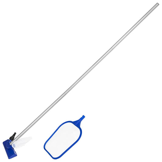 Bestway Flowclear onderhoudsset met lange aluminium stok en verwisselbare koppen voor zwembadreiniging.