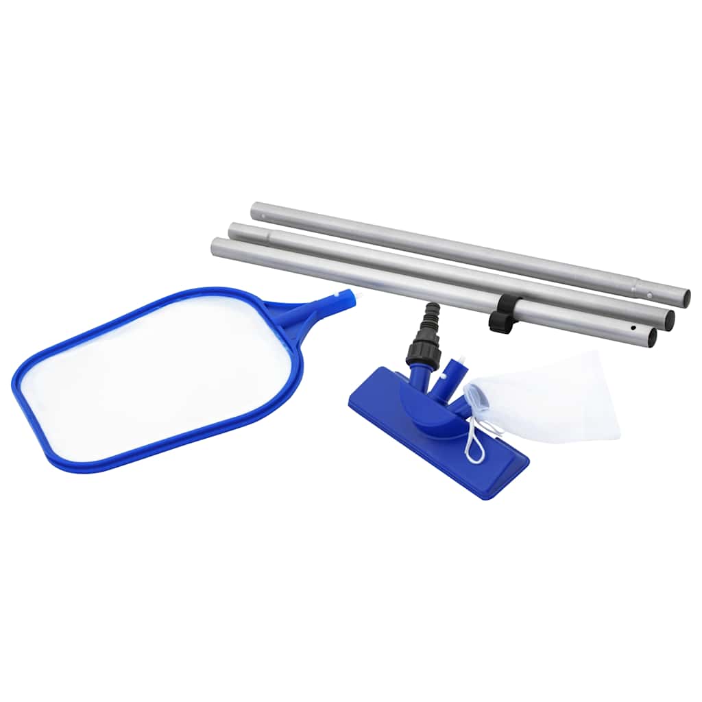 Detail van de Bestway Flowclear onderhoudsset met net en verwisselbare koppen.