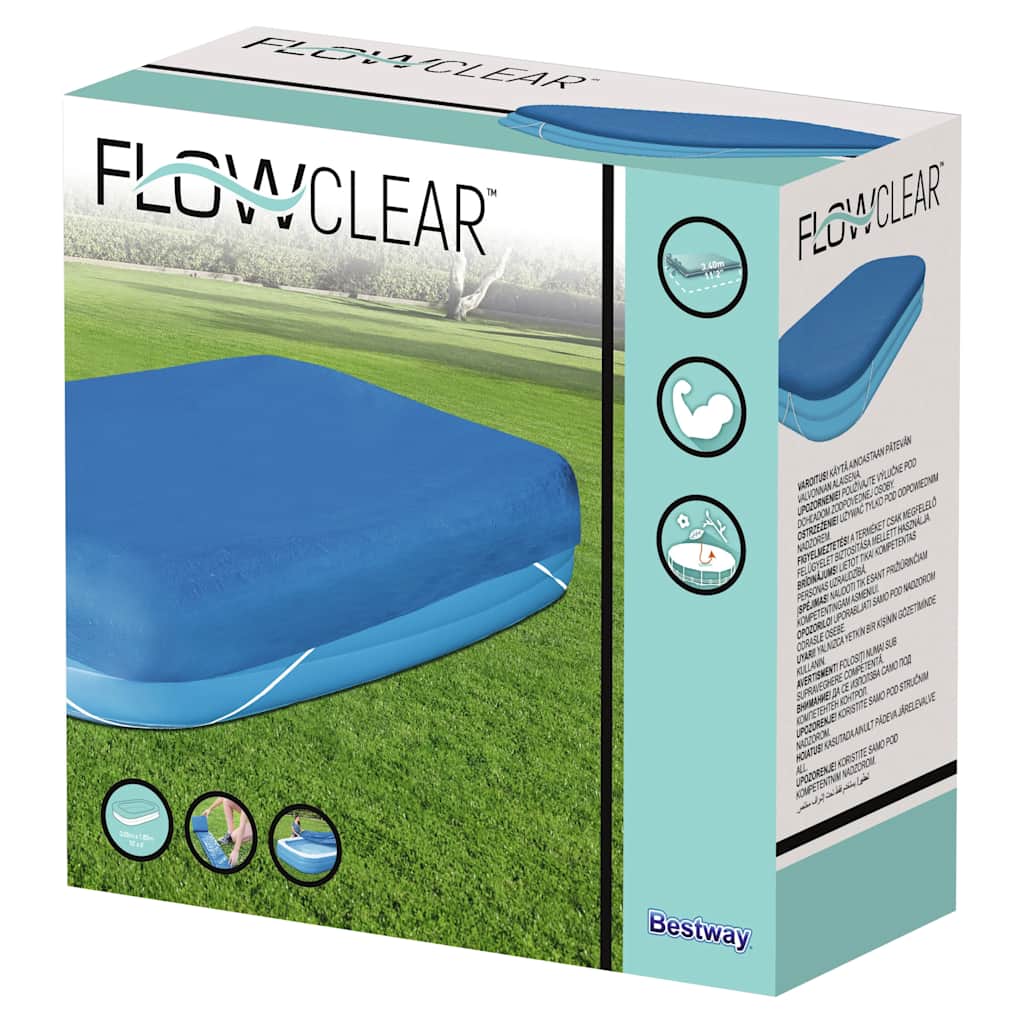 Detail van de Bestway Flowclear zwembadhoes in blauw, verpakking met productinformatie.