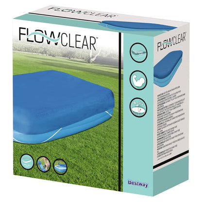 Detail van de Bestway Flowclear zwembadhoes in blauw, verpakking met productinformatie.