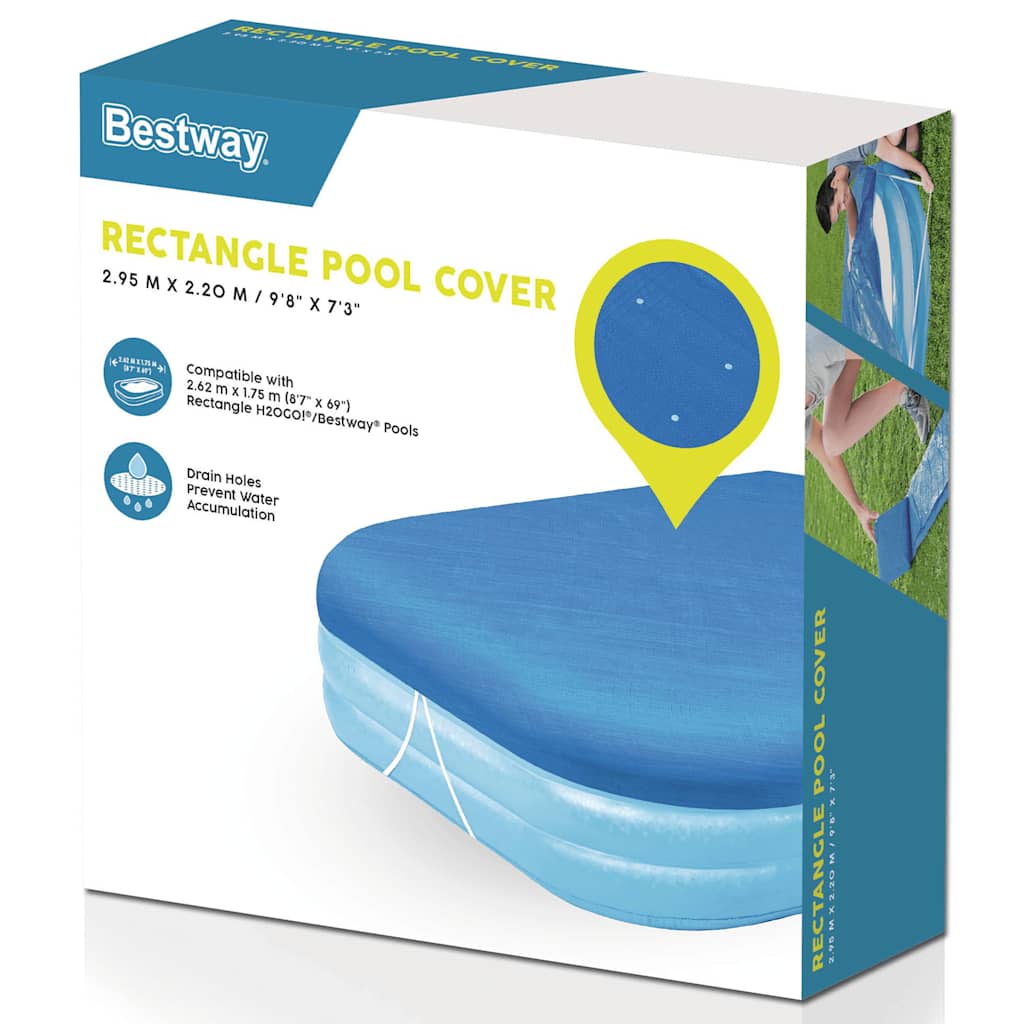 Detail van de Bestway Flowclear zwembadhoes in blauw met waterafstotende functie.