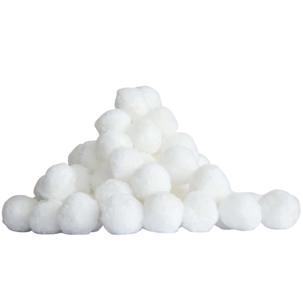Witte Bestway Flowclear Polysphere filterballen in een stapel, detailweergave.
