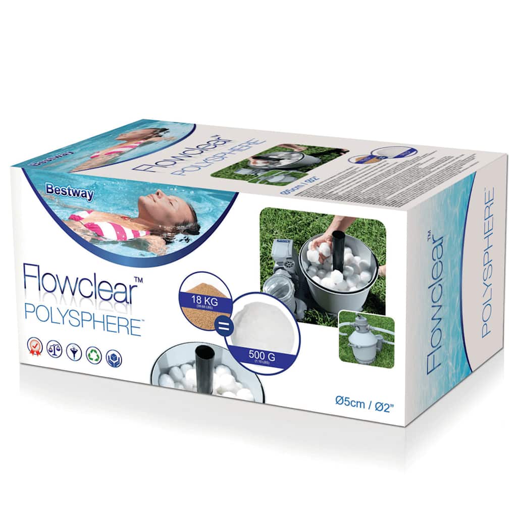 Bestway Flowclear Polysphere filterballen verpakking met gebruiksinformatie en afbeelding van het product.