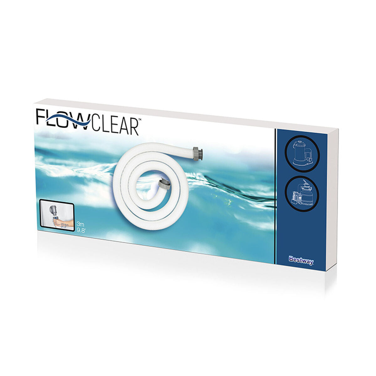Detail van de Bestway Filtratie Slang met schroefdraad in verpakking, geschikt voor zwembadonderhoud.