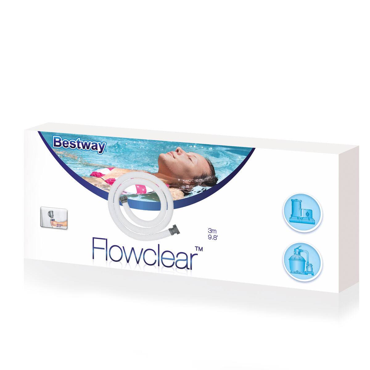 Detail van de Bestway filtratie slang met schroefdraad, 3 meter lang en 3,83 cm breed.