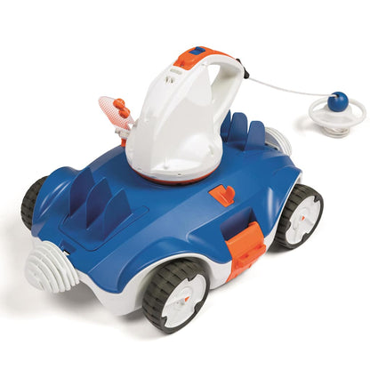 Detail van de Bestway Flowclear Aquatronix zwembadreinigingsrobot in zijaanzicht met aan/uit-schakelaar.