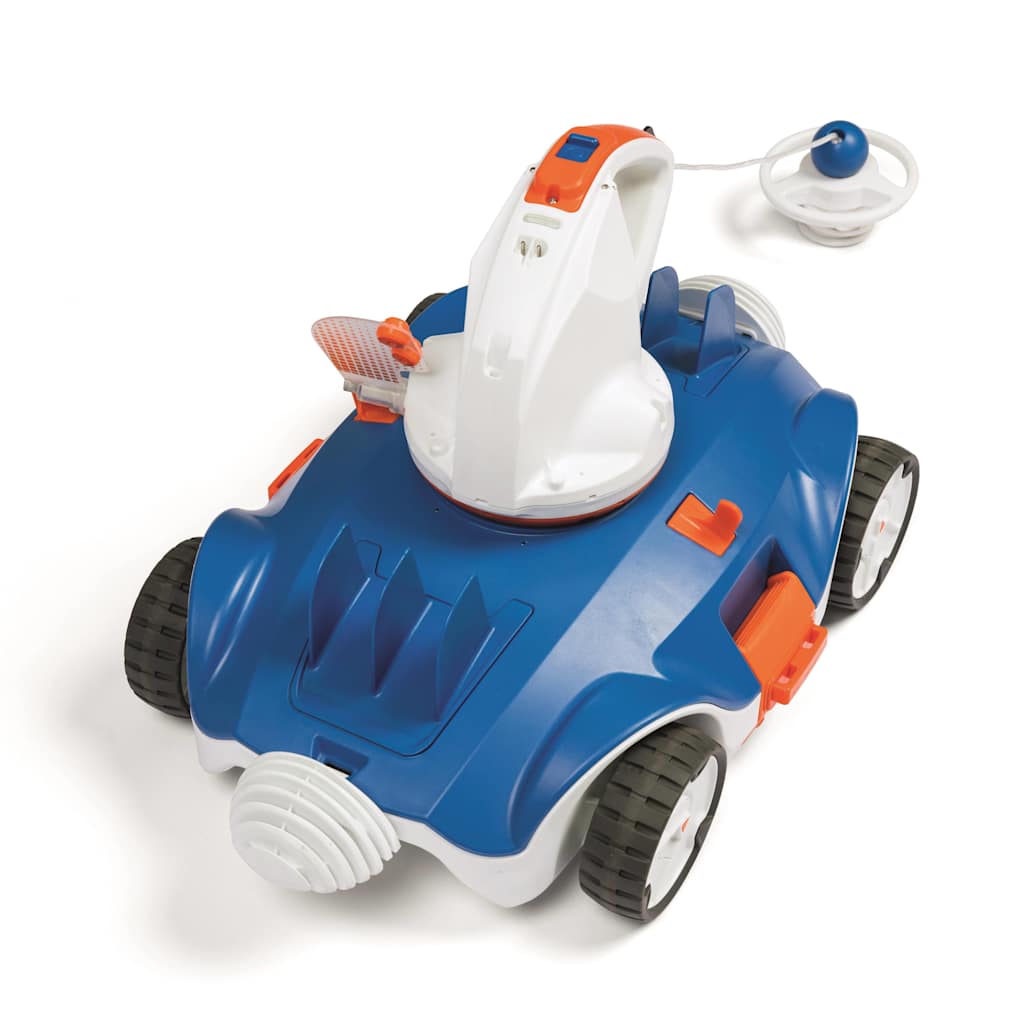Detail van de Bestway Flowclear Aquatronix zwembadreinigingsrobot in blauw en wit, met bedieningspaneel.
