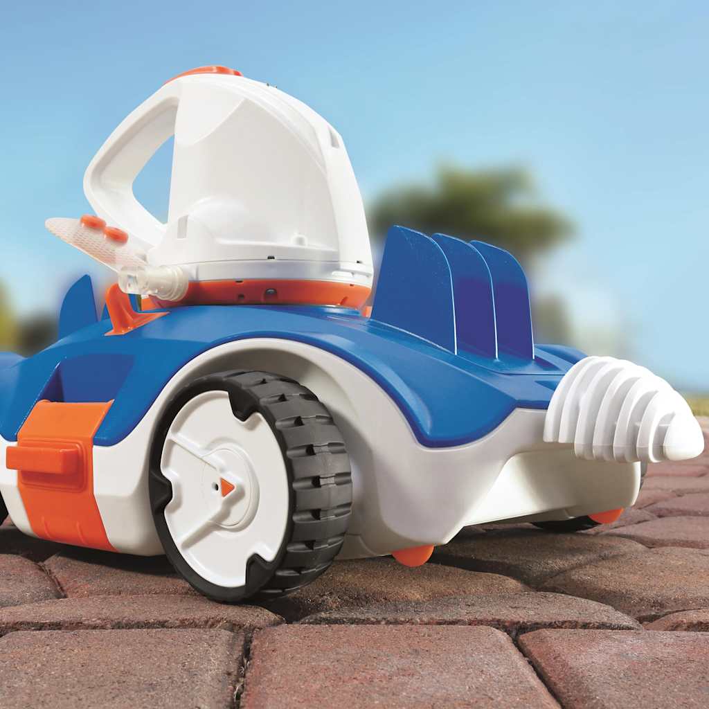 Detail van de Bestway Flowclear Aquatronix zwembadreinigingsrobot met blauwe en oranje accenten.