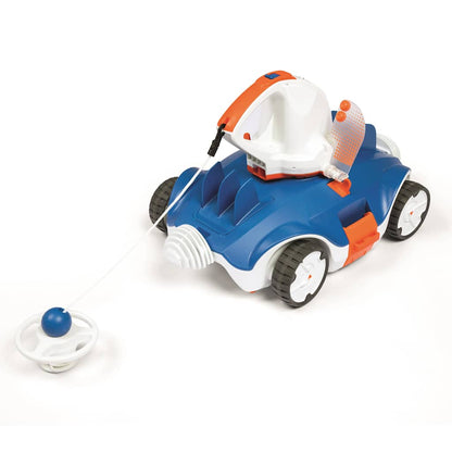 Detail van de Bestway Flowclear Aquatronix zwembadreinigingsrobot in blauw en wit, met aan/uit-schakelaar.