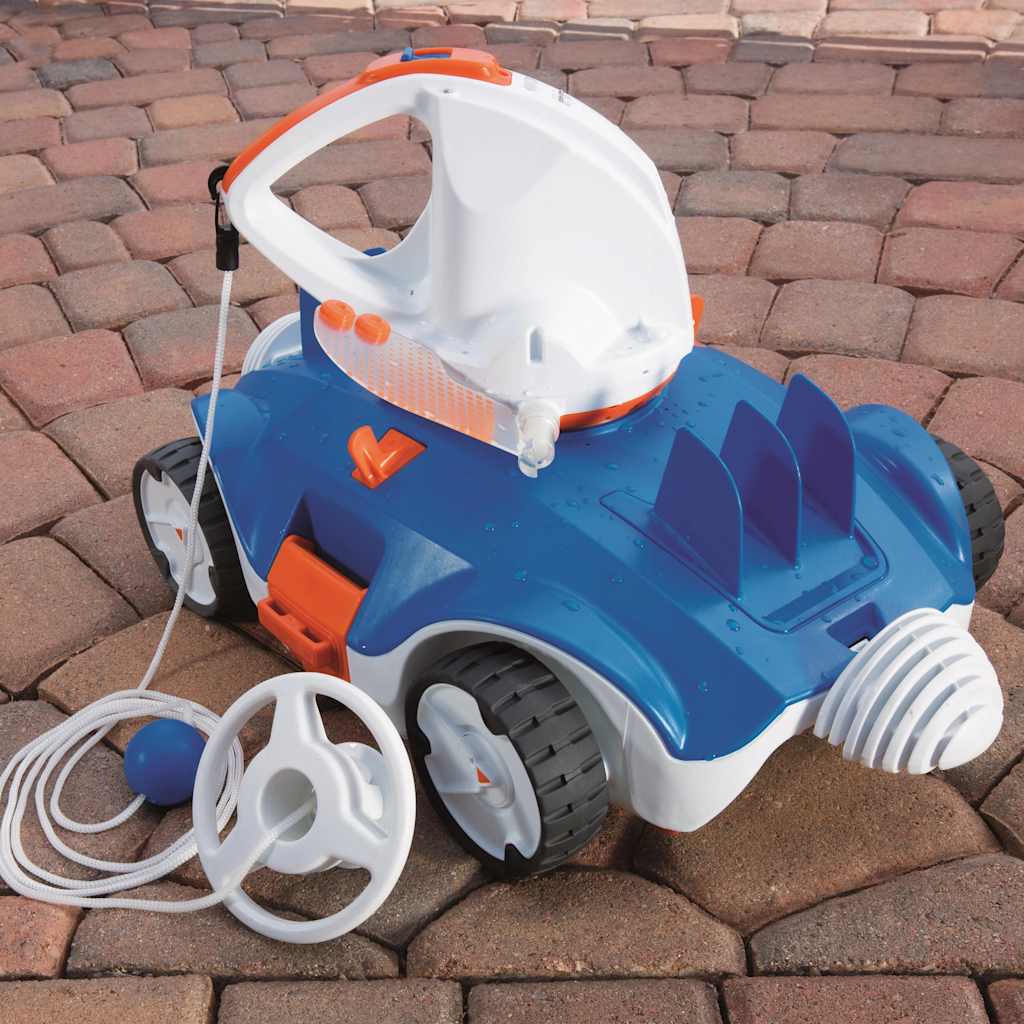 Detail van de Bestway Flowclear Aquatronix zwembadreinigingsrobot met blauwe en witte kleur.