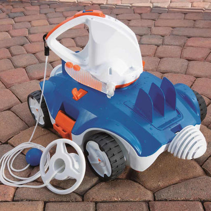 Detail van de Bestway Flowclear Aquatronix zwembadreinigingsrobot met blauwe en witte kleur.