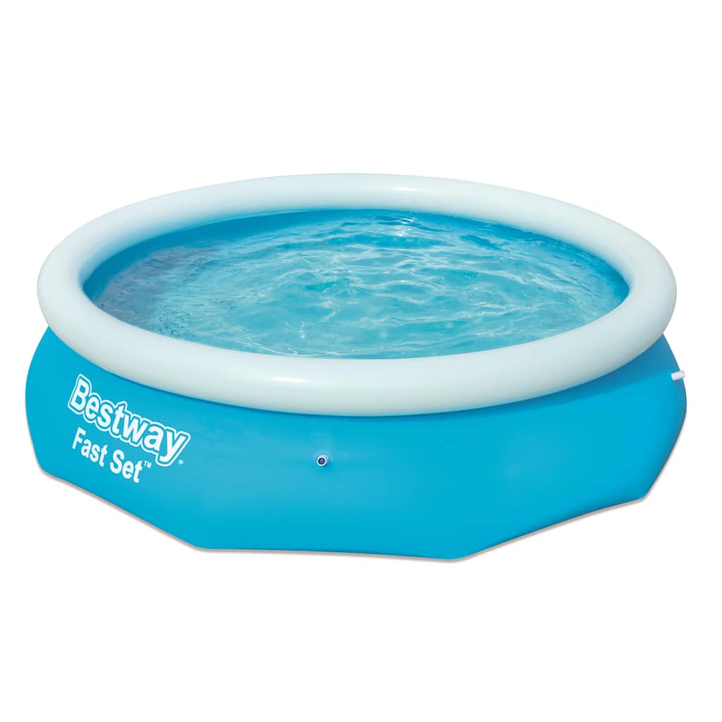 Detail van het Bestway Fast Set opblaasbare zwembad in helder blauw met een witte rand.