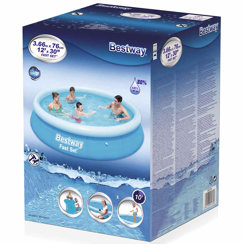 Detail van de verpakking van het Bestway Fast Set zwembad, met afmetingen en installatie-instructies.