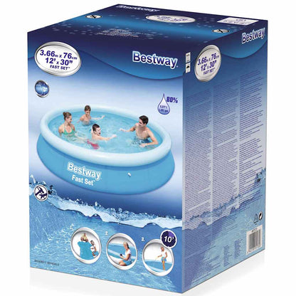 Detail van de verpakking van het Bestway Fast Set zwembad, met afmetingen en installatie-instructies.