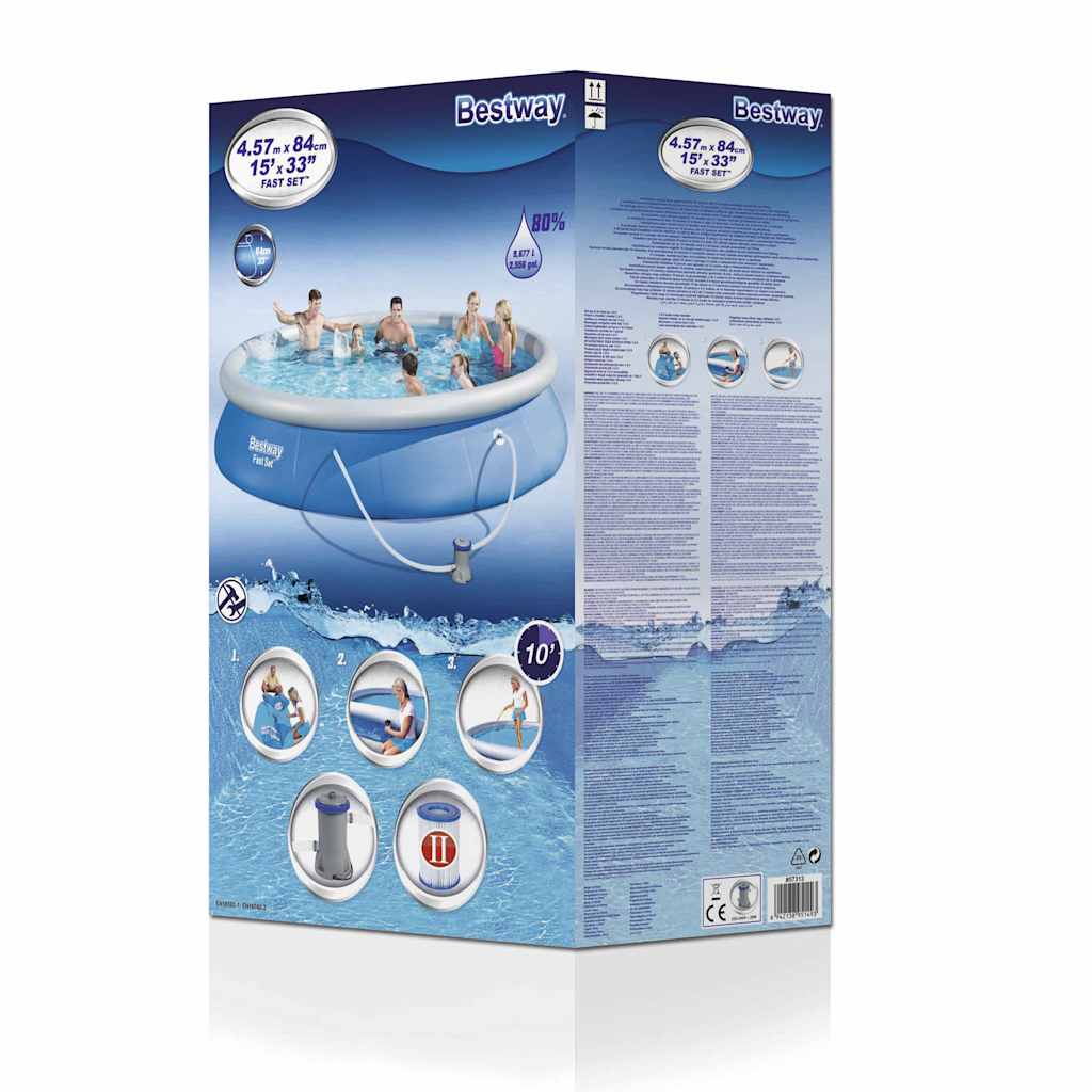 Detail van de Bestway Fast Set zwembadset 457x84 cm met installatie-instructies en productinformatie.
