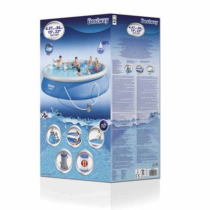 Detail van de Bestway Fast Set zwembadset 457x84 cm met installatie-instructies en productinformatie.
