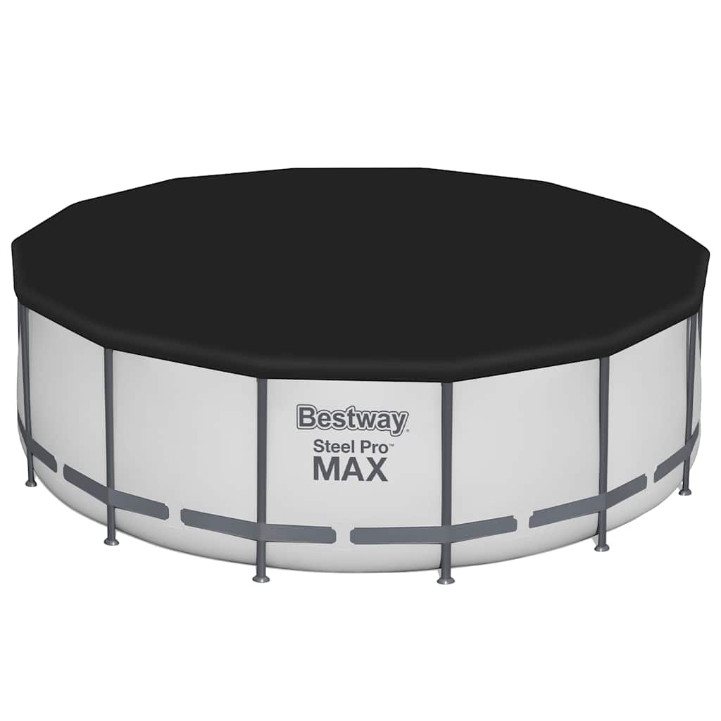 Zwarte Bestway Flowclear zwembadhoes met stevige bevestiging op een rond zwembad.