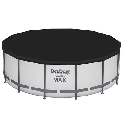 Zwarte Bestway Flowclear zwembadhoes met stevige bevestiging op een rond zwembad.
