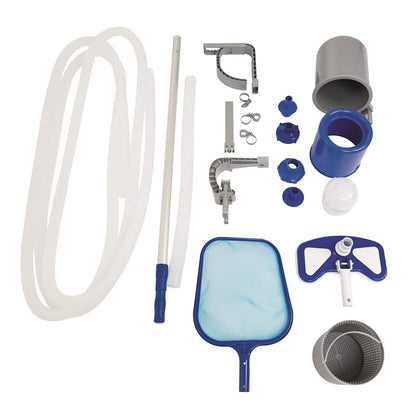 Zwembad onderhoudsset Bestway Flowclear deluxe 58237 met accessoires en slangen in blauw en grijs.