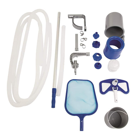 Zwembad onderhoudsset Bestway Flowclear deluxe 58237 met accessoires en slangen in blauw en grijs.