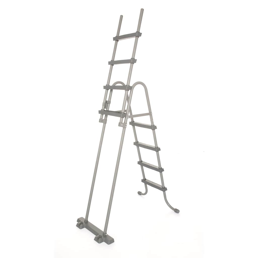 Detail van de roestbestendige Bestway zwembadladder met vier treden en inklapbare functie.
