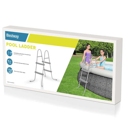 Detail van de Bestway Flowclear zwembadladder met roestbestendig metalen frame en anti-slip treden.