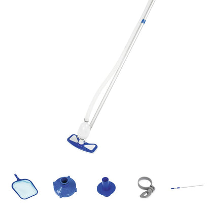 Detail van de Bestway Flowclear AquaClean zwembadreinigingsset met accessoires en zuigermond.