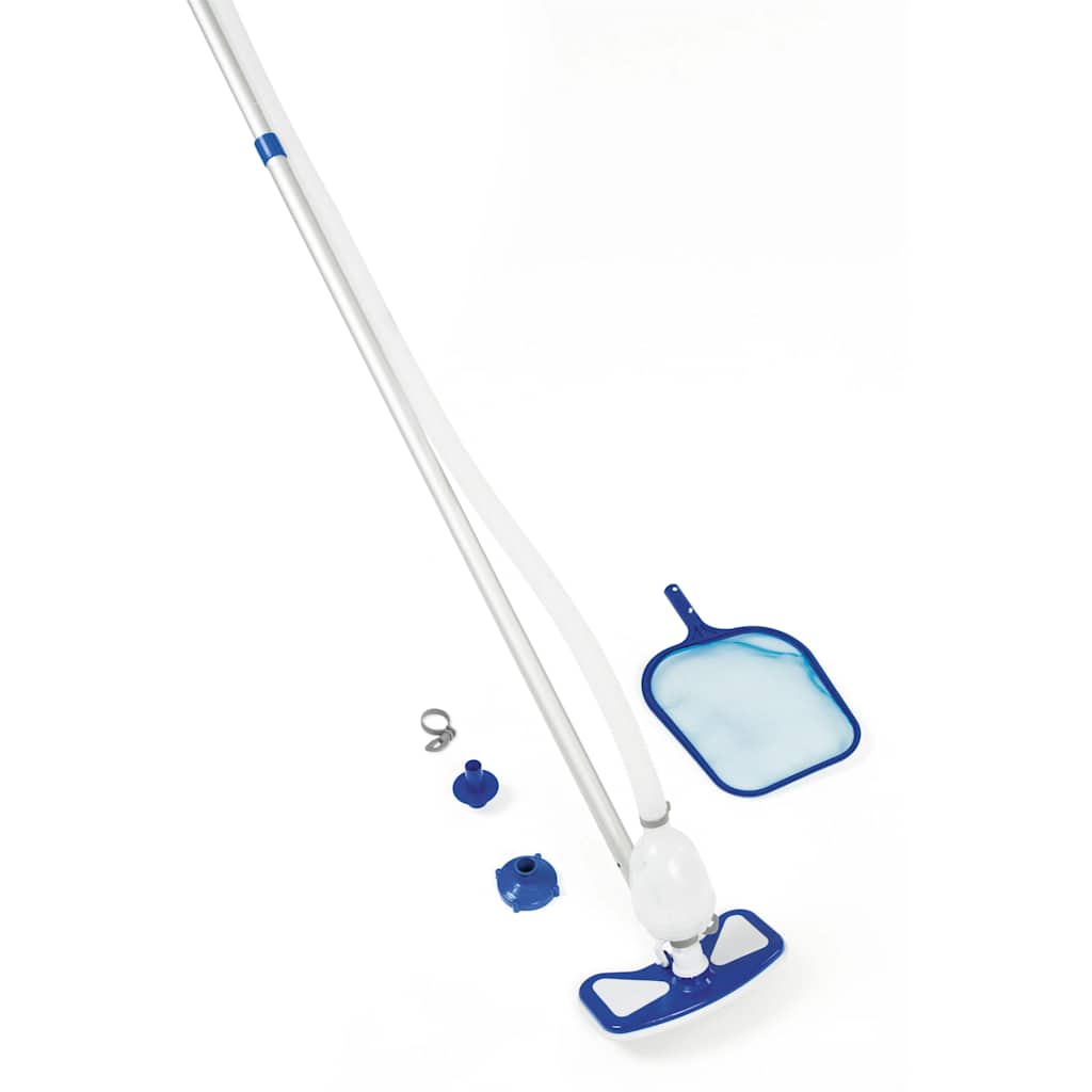 Detail van de Bestway Flowclear AquaClean zwembadreinigingsset met zuiger en schepnet.