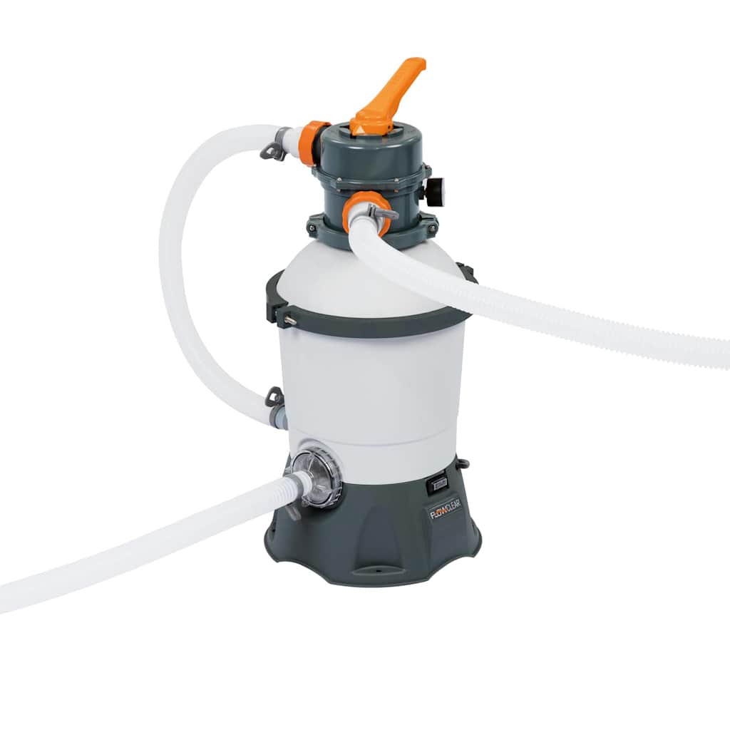 Bestway Flowclear zandfilterpomp met natuurlijke filtratie en 6-weg klep, zijaanzicht.