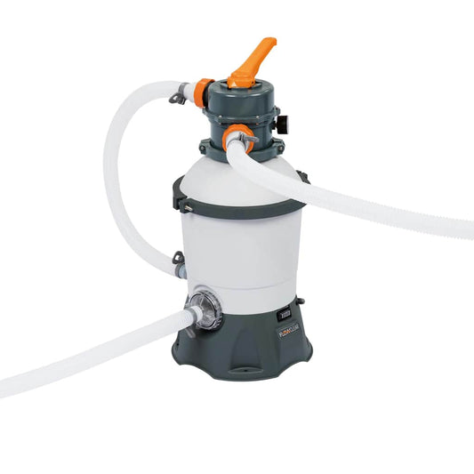 Bestway Flowclear zandfilterpomp met natuurlijke filtratie en 6-weg klep, zijaanzicht.